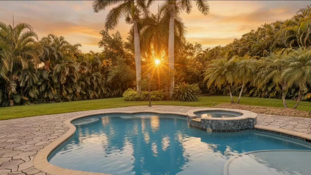 Free form salt water pool and spa with sun shelf on a paver deck framed by palms at sunset