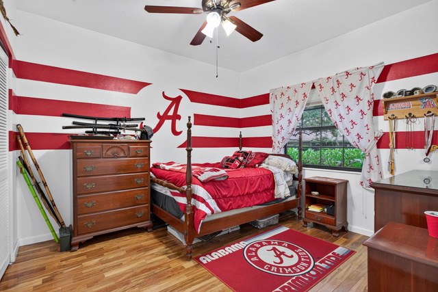 Bedroom with wood floors and a four poster bed