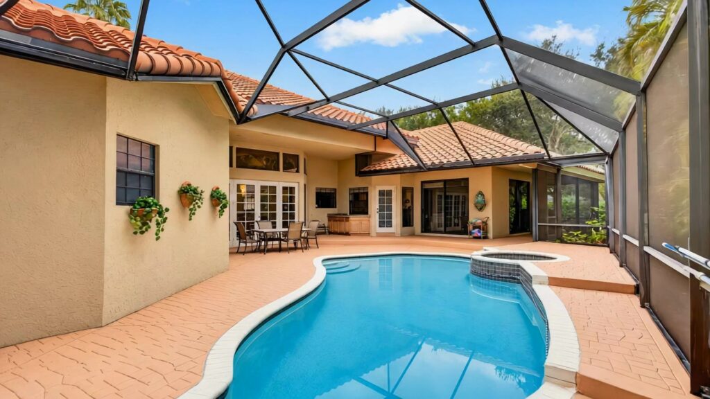 Free form heated pool and spa under a screen enclosure, looking back to the house