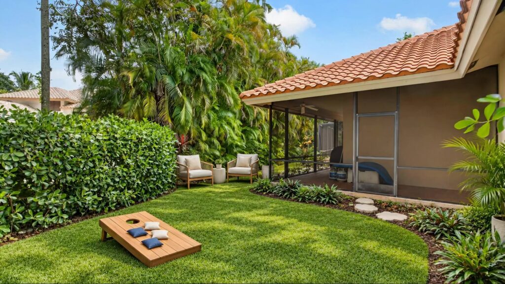 Side yard lawn beside the screened pool enclosure
