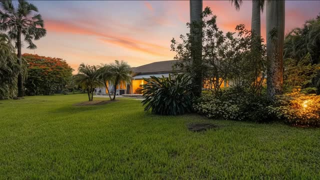 Wide front lawn and mature palms at twilight on a gated 1.2 acre Davie homesite