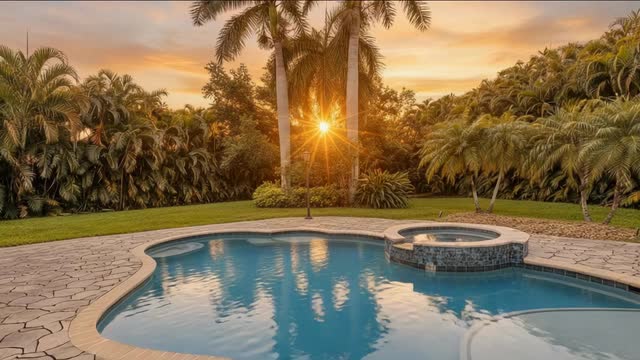 Free form salt water pool and spa with sun shelf on a paver deck framed by palms at sunset